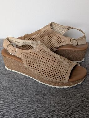 Paul Green Cleo Wedge Super Soft Slingback Sandal Space Nubuck Tan Size 6